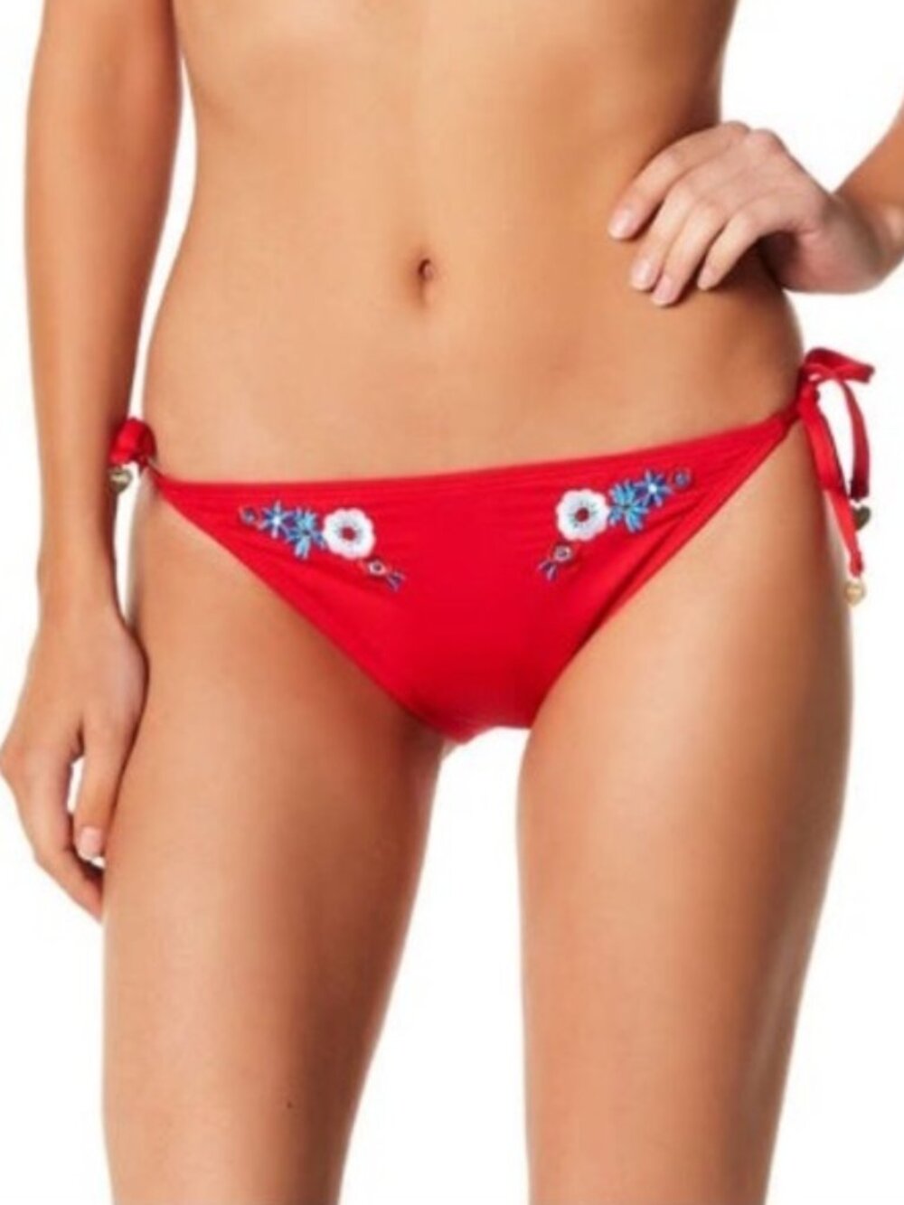 Juicy Couture Bikini Bottom Red Embroidered Floral Side Tie Swimsuit Coquette Y2